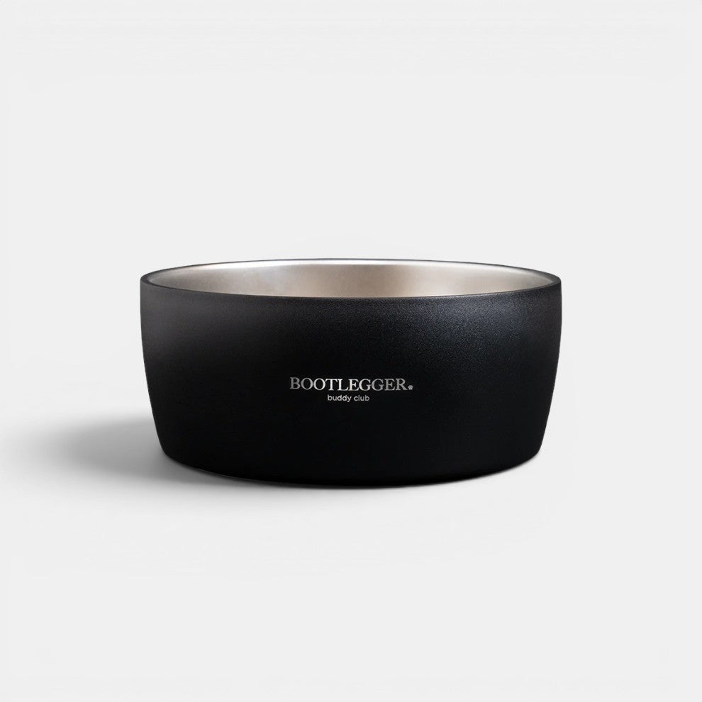 Bootlegger Coffee MiiR stainless steel dog bowl in matte black with white logo branding