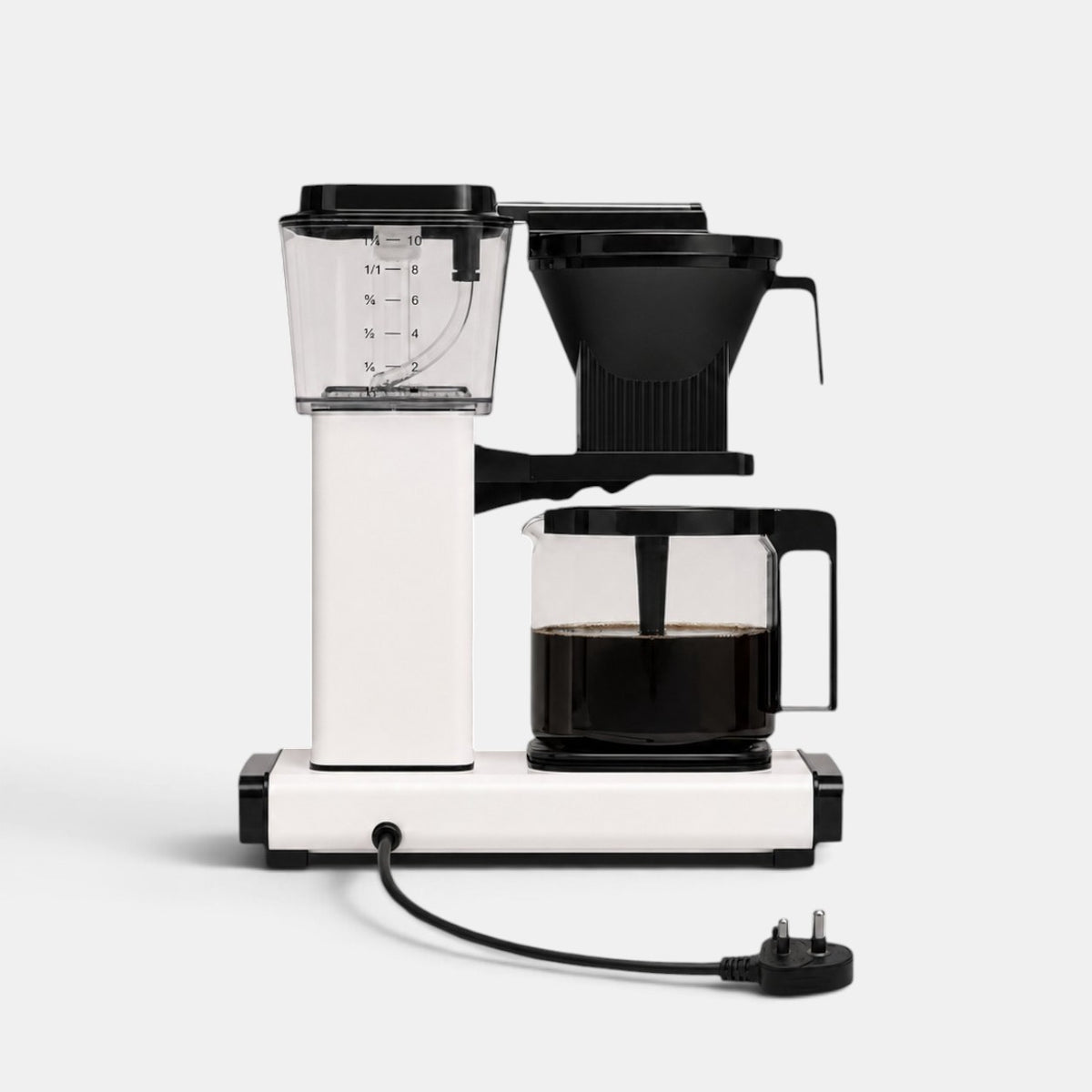 Bootlegger Coffee MoccaMaster Select filter coffee machine in white with a glass carafe and black accents