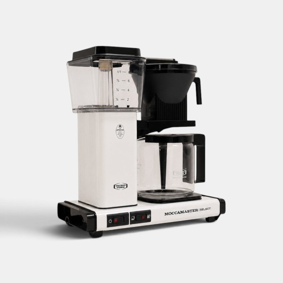 Bootlegger Coffee MoccaMaster Select filter coffee machine in white with a glass carafe and black accents.