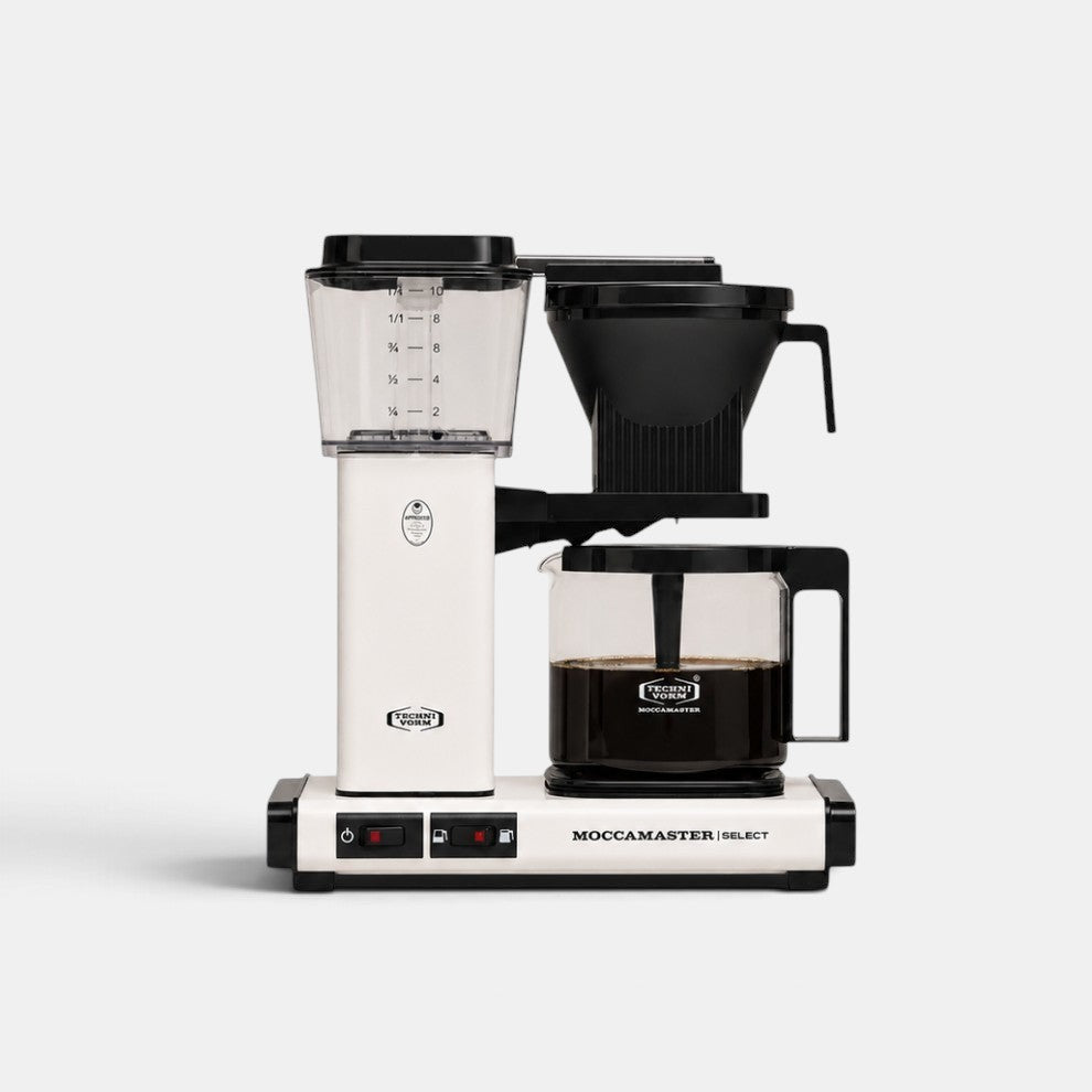 Bootlegger Coffee MoccaMaster Select filter coffee machine in white with a glass carafe and black accents