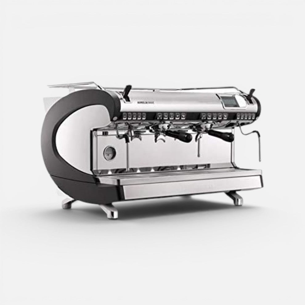 Bootlegger Coffee Nuova Simonelli Aurelia 2 group volumetric espresso machine in black and polished stainless steel