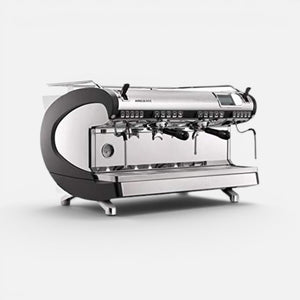Bootlegger Coffee Nuova Simonelli Aurelia 2 group volumetric espresso machine in black and polished stainless steel