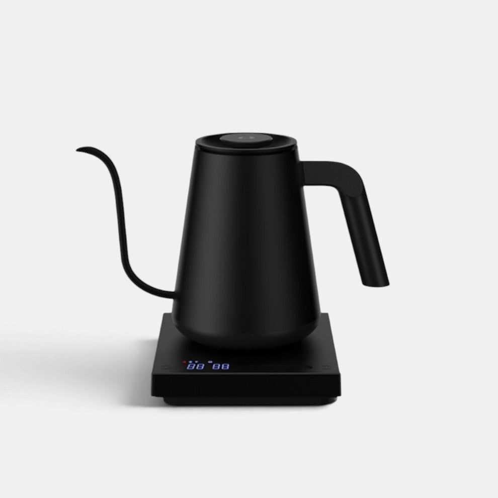 Bootlegger Coffee Timemore Fish Pro electric gooseneck kettle in matte black with a digital temperature control base.