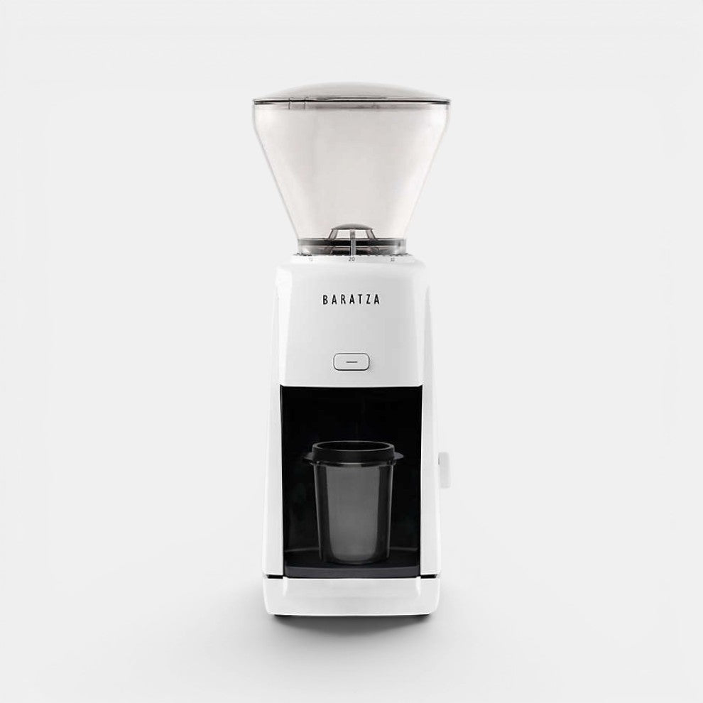 Bootlegger Coffee white Baratza Encore ESP espresso grinder with clear hopper and black grounds bin