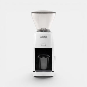Bootlegger Coffee white Baratza Encore ESP espresso grinder with clear hopper and black grounds bin